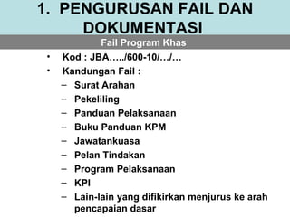 1. PENGURUSAN FAIL DAN
     DOKUMENTASI
             Fail Program Khas
 •   Kod : JBA…../600-10/…/…
 •   Kandungan Fail :
     – Surat Arahan
     – Pekeliling
     – Panduan Pelaksanaan
     – Buku Panduan KPM
     – Jawatankuasa
     – Pelan Tindakan
     – Program Pelaksanaan
     – KPI
     – Lain-lain yang difikirkan menjurus ke arah
       pencapaian dasar
 