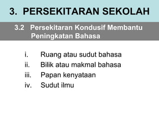 3. PERSEKITARAN SEKOLAH
3.2 Persekitaran Kondusif Membantu
    Peningkatan Bahasa

  i.     Ruang atau sudut bahasa
  ii.    Bilik atau makmal bahasa
  iii.   Papan kenyataan
  iv.    Sudut ilmu
 