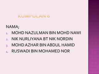 NAMA;
1. MOHD NAZULMAN BIN MOHD NAWI
2. NIK NURLIYANA BT NIK NORDIN
3. MOHD AZHAR BIN ABDUL HAMID
4. RUSWADI BIN MOHAMED NOR

 