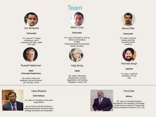 Team
Joy Sengupta
CoFounder
10+ years of IT Product
Architecture and IT
consulting with eBay, Apple
and Cisco
Manoj Pillai
CoFounder
20+ years of Service
Delivery with P&L
ownership (North
America)
Melvin Jose
CoFounder
10+ years of Operations, Service
delivery & Consulting
IE MBA
Entrepreneurship and Business
Model Innovation
Russell Halderman
CMO
Cofounder RawFusion
25+ years in Sales and
Marketing, Service Solutions
(US, Canada, China)
Kelly Brcka
CBDO
20+ years in Business
Development, Contract
Negotiations and branding
(Singapore, France, US)
Harmeet Singh
UED/UX
15+ years in UED/UX
with eBay, HP and
Visa
Vinod Nair
Advisor
20+ years of corporate business
development and managing Technology,
Unified Communications & Outsourcing
Founder Stratacom Solutions (I) Pvt. Ltd.
Uday Bhaskar
Chief Advisor
25+ years of managing country level
organizations
Set up Pacific Internet’s Pacfusion
Mergers/Acquisitions & Alliance expert
Strategy formulation and Acquisition
 
