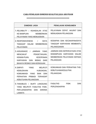 CARA PENILAIAN DIMENSI KUALITAS JASA AIR PDAM
==================================
DIMENSI JASA PENILAIAN KONSUMEN
1. RELIABILITY / KEANDALAN ATAS
KE-MAMPUAN MEMBERIKAN
PELAYANAN YANG MEMUASKAN
PELAYANAN CEPAT, AKURAT DAN
MEMUASKAN PELANGGAN
2. RESPONSIVENESS / DAYA
TANGGAP DALAM MEMBERIKAN
PELAYANAN
KESIAPAN DAN KECAKAPAN/DAYA
TANGGAP KARYAWAN MEMBANTU
PELANGGANAN
3. ASSURANCE / JAMINAN YANG
MENCAKUP PENGETAHUAN,
KEMAM-PUAN, KESOPANAN
KARYAWAN DAN BEBAS DARI
BAHAYA RESIKO DAN KERAGUAN
JAMINAN DAN KEPERCAYAAN ATAS
KEMAMPUAN KARYAWAN DALAM
MEMBERIKAN PELAYANAN KEPADA
PELANGGAN
4. EMPATI YANG MELIPUTI
KEMUDAHAN HUBUNGAN,
KOMUNIKASI YANG BAIK DAN
PERHATIAN PRIBADI TERHADAP
KEBUTUHAN PELANGGAN
KOMUNIKASI DAN PERHATIAN THD.
KEBUTUHAN/KESULITAN
PELANGGAN
5. TANGIBLES / BUKTI LANGSUNG
YANG MELIPUTI FASILITAS FISIK,
PER-LENGKAPAN DAN SARANA
LAINNYA
FASILITAS FISIK DAN
PERLENGKAPAN
19
 