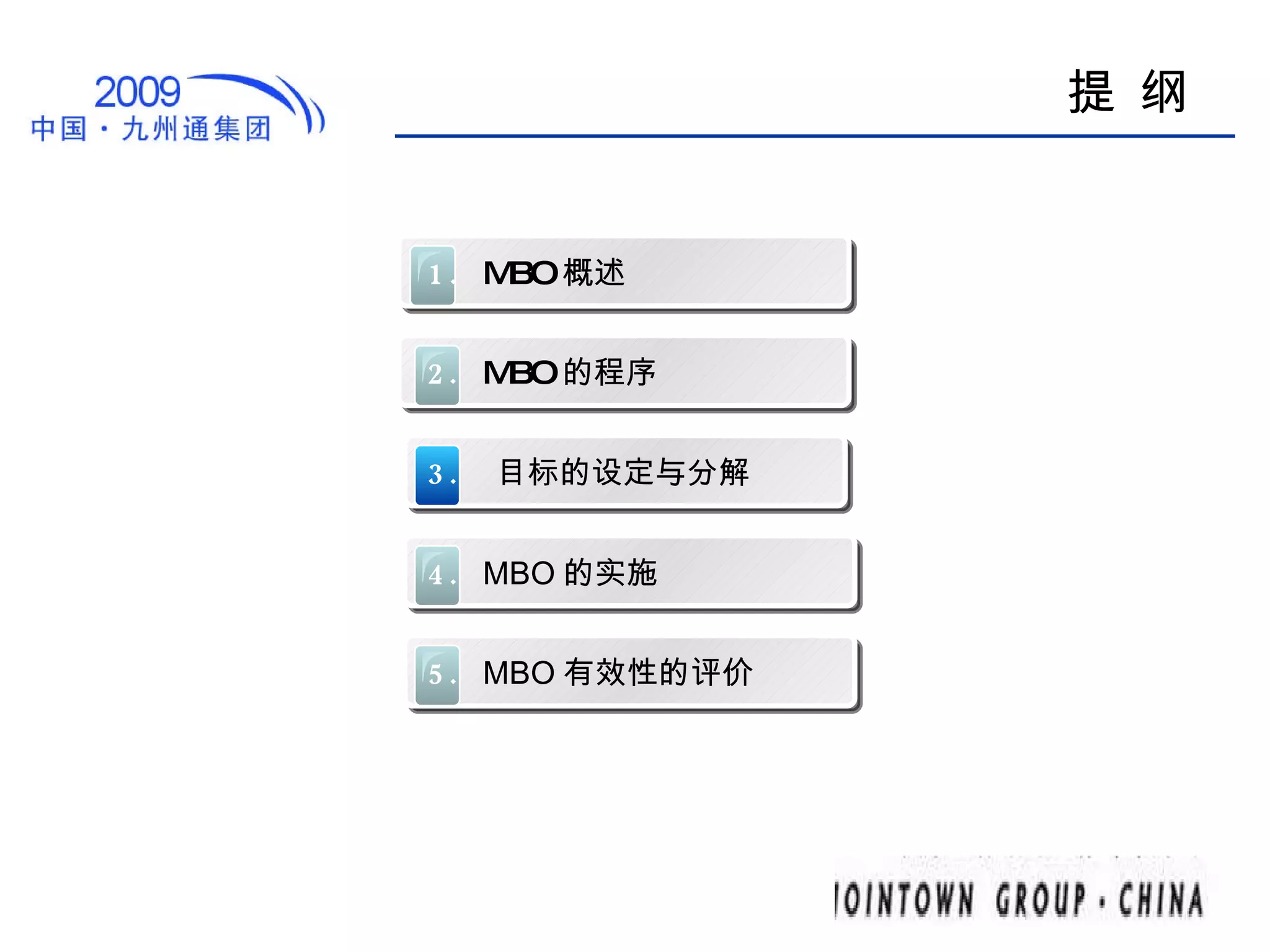提 纲 1.   MBO 概述 2.   MBO 的程序 3.  目标的设定与分解 4.   MBO 的实施 5.   MBO 有效性的评价 