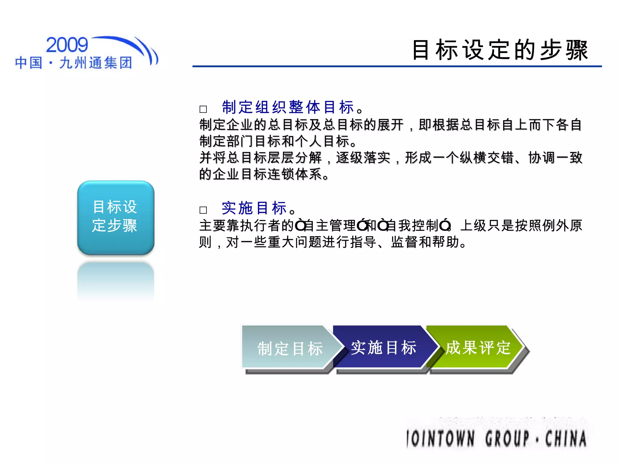 目标设定的步骤 目标设定步骤 制定目标 实施目标 成果评定 □  制定组织整体目标 。 制定企业的总目标及总目标的展开，即根据总目标自上而下各自制定部门目标和个人目标。 并将总目标层层分解，逐级落实，形成一个纵横交错、协调一致的企业目标连锁体系。 □  实施目标 。 主要靠执行者的“自主管理”和“自我控制”。上级只是按照例外原则，对一些重大问题进行指导、监督和帮助。 