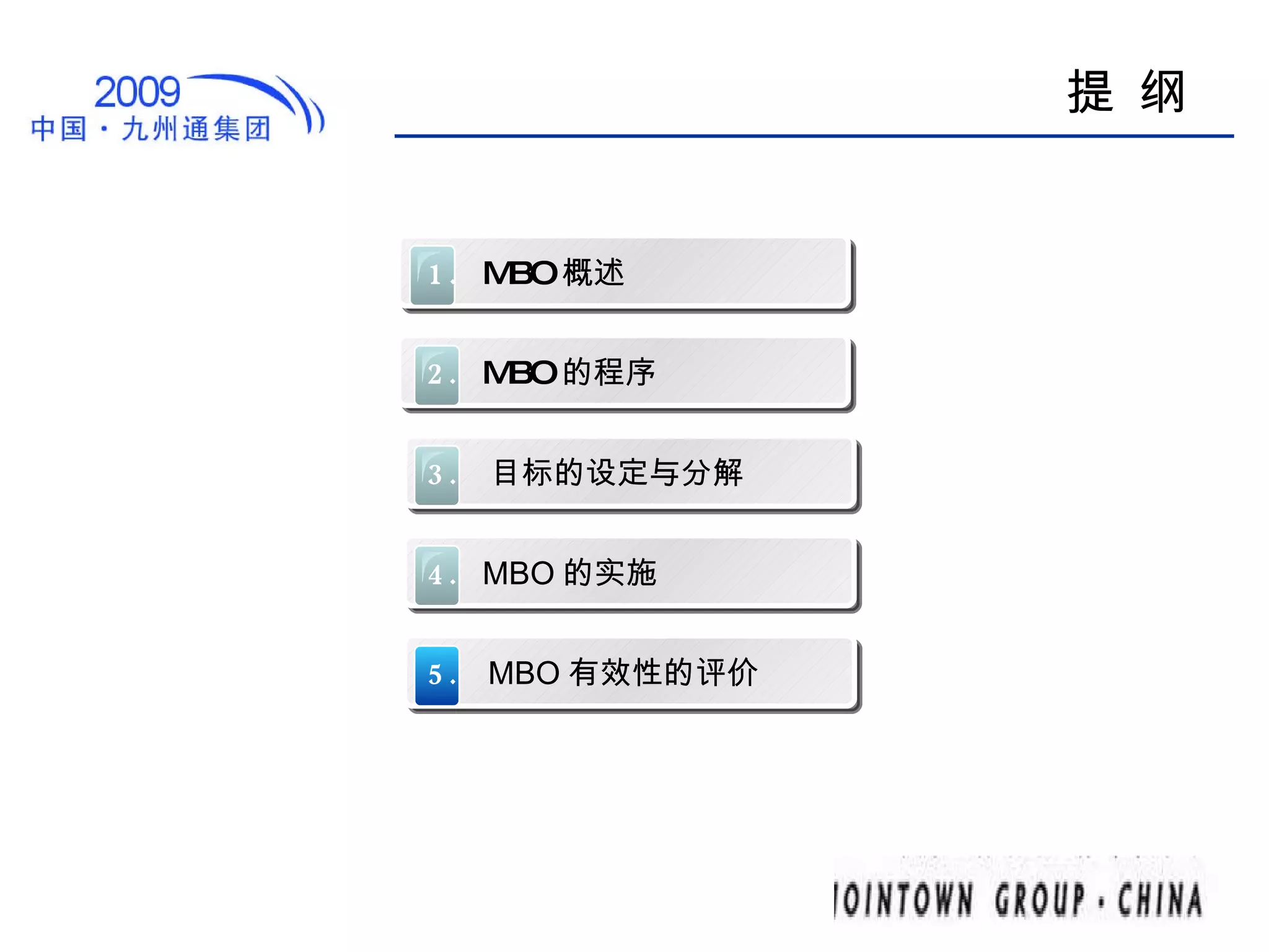 提 纲 1.   MBO 概述 2.   MBO 的程序 5.  MBO 有效性的评价 4.   MBO 的实施 3.   目标的设定与分解 