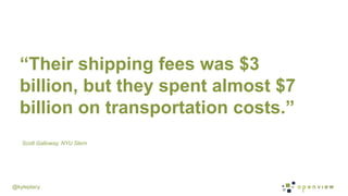 @kyleplacy
“Their shipping fees was $3
billion, but they spent almost $7
billion on transportation costs.”
Scott Galloway, NYU Stern
 