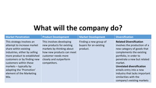 What will the company do?
Market Penetration Product Development Market Development Diversification
This strategy involves an
attempt to increase market
share within existing
industries, either by selling
more product to established
customers or by finding new
customers within these
markets – typically by
adapting the ‘Promotion’
element of the Marketing
Mix.
This involves developing
new products for existing
markets by thinking about
how new products can meet
customer needs more
closely and outperform
competitors.
Finding a new group of
buyers for an existing
product.
Related Diversification
involves the production of a
new category of goods that
complements the existing
portfolio, in order to
penetrate a new but related
market.
Unrelated diversification
entails entry into a new
industry that lacks important
similarities with the
company’s existing markets
 