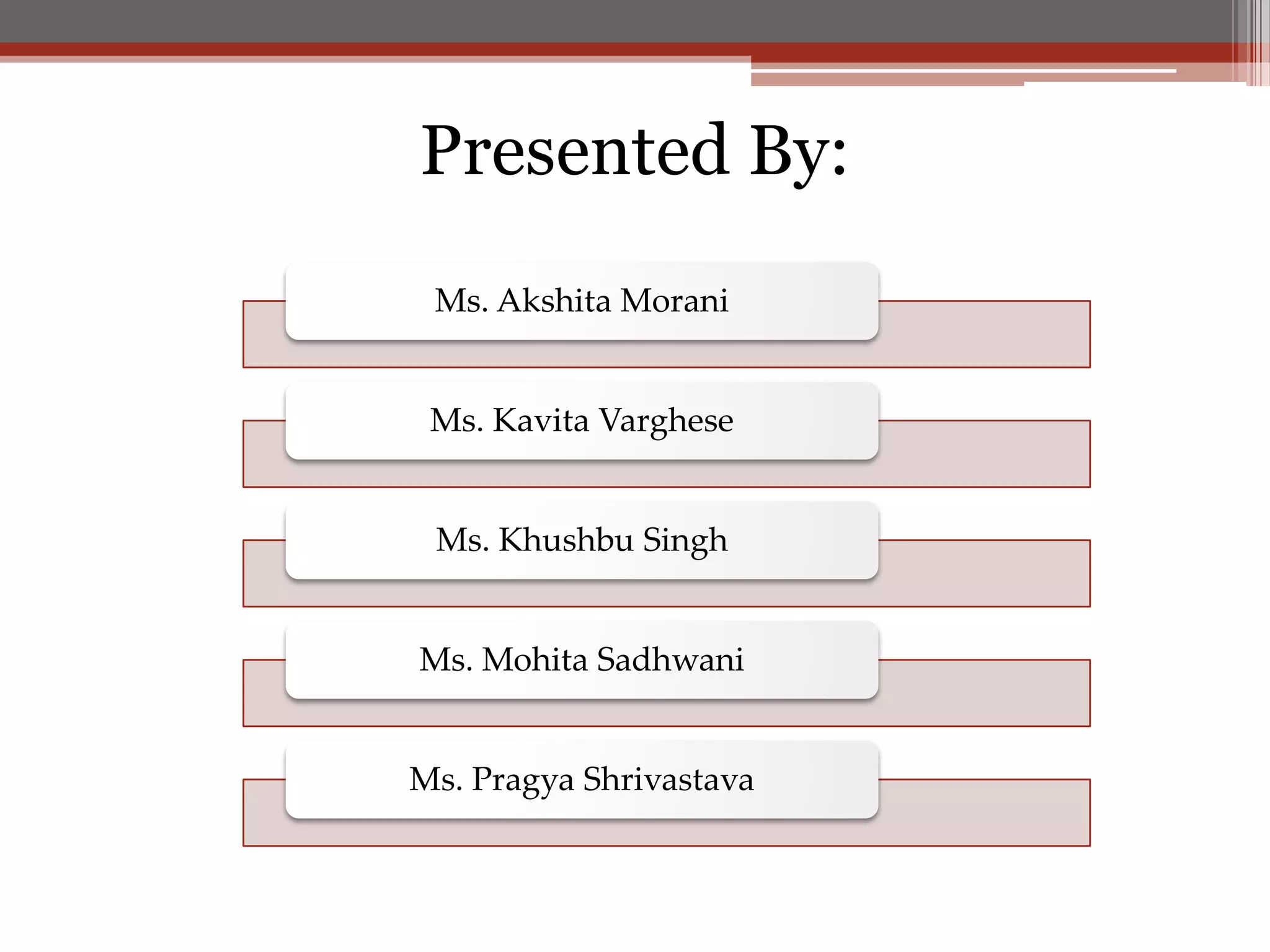 Presented By:
 Ms. Akshita Morani


 Ms. Kavita Varghese


 Ms. Khushbu Singh


Ms. Mohita Sadhwani


Ms. Pragya Shrivastava
 