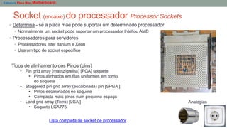 Socket (encaixe) do processador Processor Sockets
- Estrutura Placa Mãe (Motherboard)
• Determina - se a placa mãe pode suportar um determinado processador
• Normalmente um socket pode suportar um processador Intel ou AMD
• Processadores para servidores
• Processadores Intel Itanium e Xeon
• Usa um tipo de socket específico
Lista completa de socket de processador
Tipos de alinhamento dos Pinos (pins)
• Pin grid array (matriz/grelha) [PGA] soquete
• Pinos alinhados em filas uniformes em torno
do soquete
• Staggered pin grid array (escalonada) pin [SPGA ]
• Pinos escalonados no soquete
• Compacta mais pinos num pequeno espaço
• Land grid array (Terra) [LGA ]
• Soquete LGA775
Analogias
 