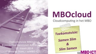 MBOcloud	
  
Cloudcompu)ng	
  in	
  het	
  MBO	
  
Toekomstvisie	
  MBOcloud	
  
Bijeenkomst	
  Kennisnet	
  Ambassadeurs	
  
20	
  	
  maart	
  2014	
  
Maaike	
  Stam	
  –	
  saMBO-­‐ICT	
  
Toekomstvisie:	
  	
  
	
  
Samen	
  Slim	
  
&	
  
Slim	
  Samen	
  
 