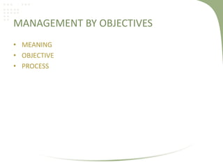 MANAGEMENT BY OBJECTIVES
• MEANING
• OBJECTIVE
• PROCESS
 