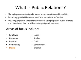 What is Public Relations?Managing communication between an organization and its publicsPromoting goodwill between itself and its audiences/publicsProviding exposure to relevant audiences using topics of public interest and news items that provide a third-party endorsementAreas of focus include:EmployeeCustomerInvestorCommunityMediaLaborAnalystCrisis GovernmentInternal2