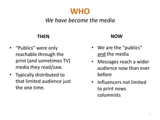 WHOWe have become the mediaNOWTHENWe are the “publics” and the mediaMessages reach a wider audience now than ever beforeInfluencers not limited to print news columnists“Publics” were only reachable through the print (and sometimes TV) media they read/saw.Typically distributed to that limited audience just the one time. 7
