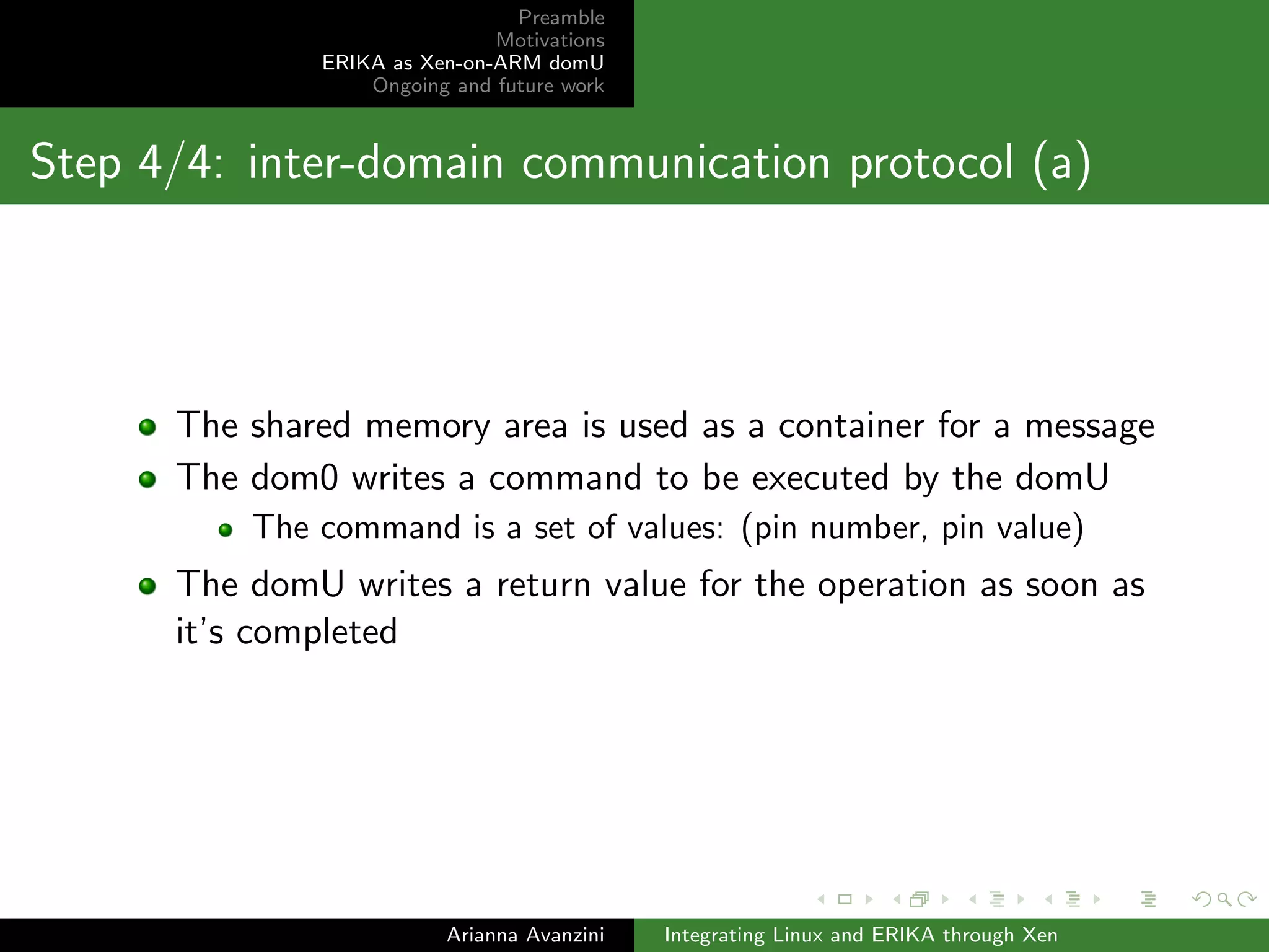 Preamble 
Motivations 
ERIKA as Xen-on-ARM domU 
Ongoing and future work 
Step 4/4: inter-domain communication setup (b) 
Arianna Avanzini Integrating Linux and ERIKA through Xen 
 