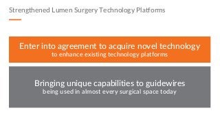 Enter into agreement to acquire novel technology
to enhance existing technology platforms
Bringing unique capabilities to guidewires
being used in almost every surgical space today
Strengthened Lumen Surgery Technology Platforms
 