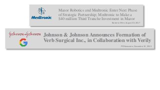 Mazor Robotics and Medtronic Enter Next Phase
of Strategic Partnership; Medtronic to Make a
$40 million Third Tranche Investment in Mazor
Business Wire, August 30, 2017
Johnson & Johnson Announces Formation of
Verb Surgical Inc., in Collaboration with Verily
PR Newswire, December 10, 2015
 