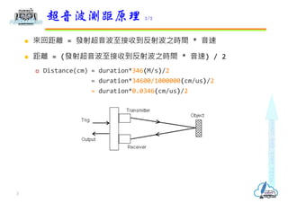 ? ؾx = l䳬յ䲨֮rg * 
? x = (l䳬յ䲨֮rg * ) / 2
? Distance(cm) = duration*346(M/s)/2
= duration*34600/1000000(cm/us)/2
= duration*0.0346(cm/us)/2
yԭ 2/2
3
 