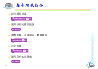  設定播放速度
 讀取目前的播放速度
 調整音量，正值加大，負值降低
 設定音量
 讀取目前的音量值
聲音撥放指令 4/5
10
 
