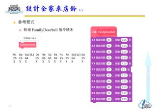  參考程式
 新增 FamilyDoorbell 指令積木
設計全家來店鈴 2/3
13
Mi Do So(低) Do Re So Re Mi Re So(低) Do
E5 C5 G4 C5 D5 G5 D5 E5 D5 G4 C5
¼ ¼ ¼ ¼ ¼ ½ ¼ ¼ ¼ ¼ ½
 