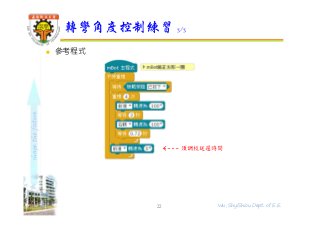 shapethefuture
 參考程式
轉彎角度控制練習 3/3
22 Wu, ShyiShiou Dept. of E.E.
須調校延遲時間
 