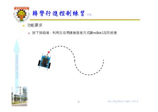 shapethefuture
 功能要求
 按下按鈕後，利用左右馬達速度差方式讓mBot以S形前進
轉彎行進控制練習 1/3
23 Wu, ShyiShiou Dept. of E.E.
 