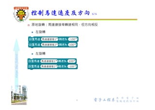 shapethefuture
 mBot輸子直徑6.5cm，輪子轉⼀圏6.5*3.14=20.41cm
 左右馬達同步控制指令
 左轉、右轉為原地旋轉方式
 mBot靜止時，需要較大啟動力矩，無法直接低速啟動，可先以高速
啟動後再降速
速度及方向控制 1/5
9 Wu, ShyiShiou Dept. of E.E.
正轉最高速
靜止
反轉最高速
 