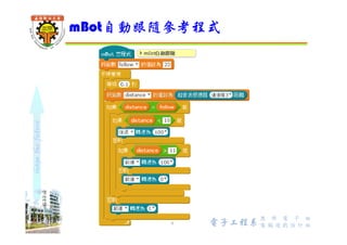 shapethefuture
 程式流程
mBot自動避障練習 2/3
9 Wu, ShyiShiou Dept. of E.E.
開始
隨機轉彎
前進
後退0.5秒
按下按鈕
是
否
重覆執⾏
超音波<15
是
否
 
