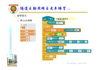 shapethefuture
 參考程式
 建立cds變數
隧道自動照明自走車練習 3/3
19 Wu, ShyiShiou Dept. of E.E.
 