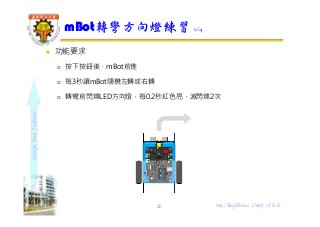 shapethefuture
 功能要求
 按下按鈕後，mBot前進
 每3秒讓mBot隨機左轉或右轉
 轉彎前閃爍LED方向燈，每0.2秒紅色亮、滅閃爍2次
mBot轉彎方向燈練習 1/4
20 Wu, ShyiShiou Dept. of E.E.
 