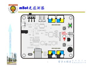 shapethefuture
 也稱光電二極體，photodiode無光照時，只有很小的逆向飽和漏電
流 (暗電流)，此時光敏二極體截止。當受到光照時，逆向飽和電流
大大增加，形成光電流
 photodiode是透明封裝，可加上黑色套管，降低側面受光而影響光
感測器讀值
光敏二極體原理
3 Wu, ShyiShiou Dept. of E.E.
 