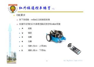 shapethefuture
 功能要求
 按下按鈕後，mBot以100速度前進
 依據所收到的紅外線遙控器訊號控制mBot移動
  前進
  後退
  右轉
  左轉
 Α 加速 (加10，上限200)
 Β 減速 (減10，下限50)
紅外線遙控車練習 1/5
14 Wu, ShyiShiou Dept. of E.E.
 