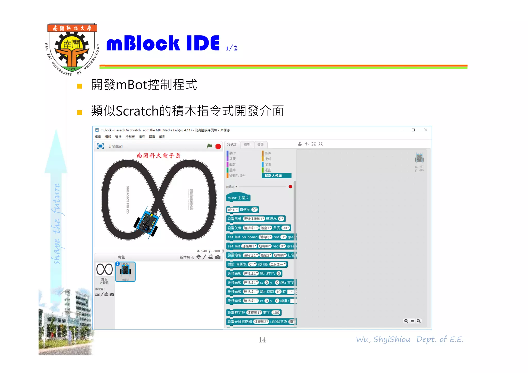 shapethefuture
 開發mBot控制程式
 類似Scratch的積木指令式開發介面
mBlock IDE 1/2
14 Wu, ShyiShiou Dept. of E.E.
 
