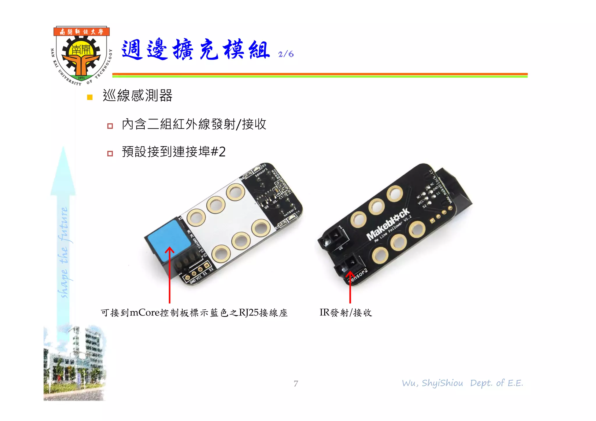 shapethefuture
 巡線感測器
 內含二組紅外線發射/接收
 預設接到連接埠#2
週邊擴充模組 2/6
7 Wu, ShyiShiou Dept. of E.E.
可接到mCore控制板標示藍色之RJ25接線座 IR發射/接收
 