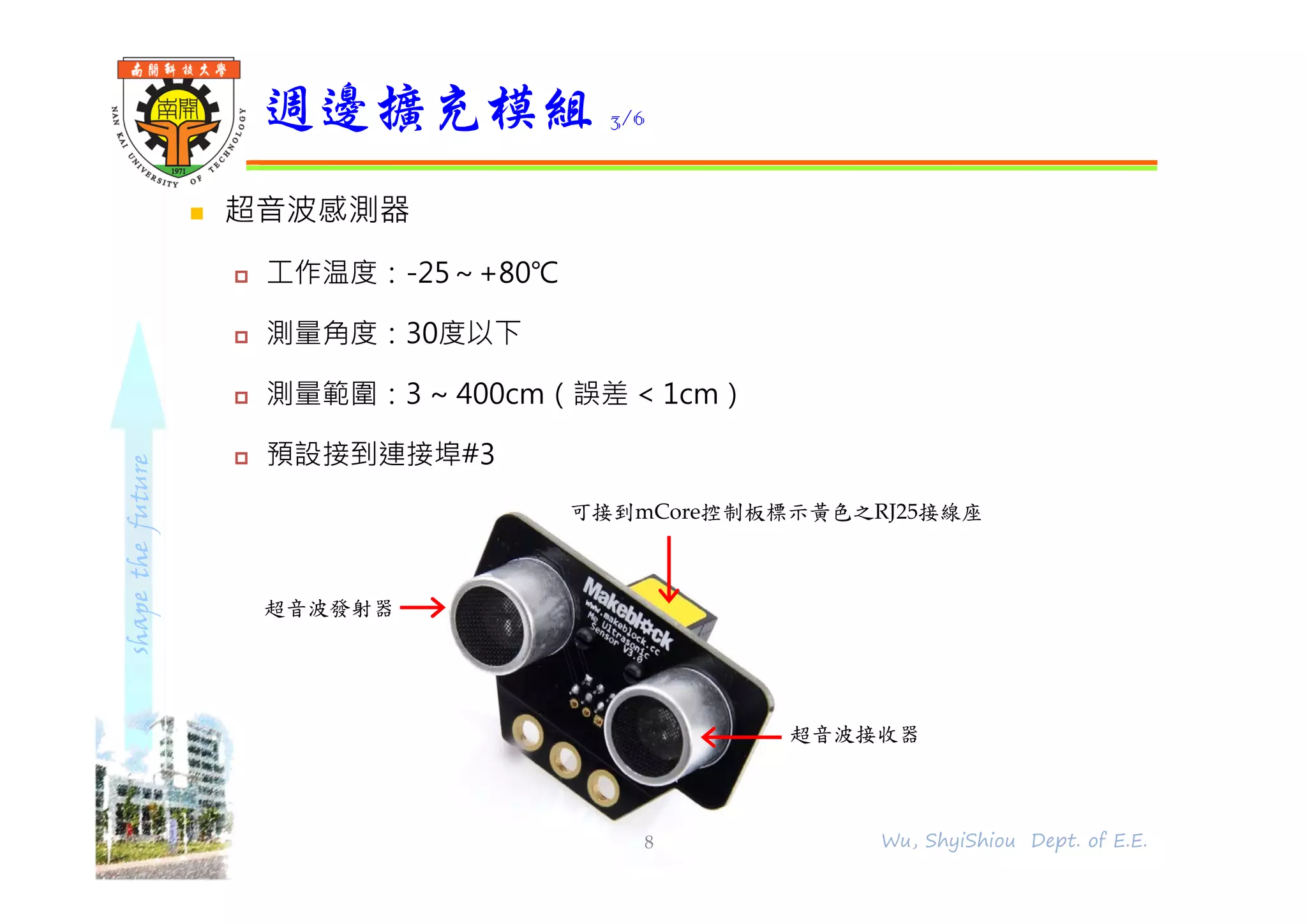 shapethefuture
 超音波感測器
 工作温度：-25～+80℃
 測量角度：30度以下
 測量範圍：3 ~ 400cm（誤差 < 1cm）
 預設接到連接埠#3
週邊擴充模組 3/6
8 Wu, ShyiShiou Dept. of E.E.
可接到mCore控制板標示黃色之RJ25接線座
超音波接收器
超音波發射器
 