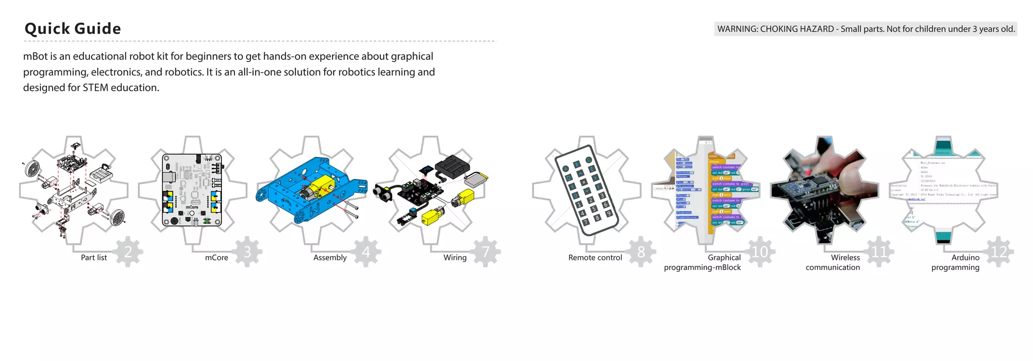 Quick Guide
2Part list 3mCore 4Assembly 7Wiring
1
2
3
4
5
6
7
8
9
0
F
E
D
A
B
C
8Remote control 10 11Wireless
communication
12Arduino
programming
Graphical
programming-mBlock
mBot is an educational robot kit for beginners to get hands-on experience about graphical
programming, electronics, and robotics. It is an all-in-one solution for robotics learning and
designed for STEM education.
WARNING: CHOKING HAZARD - Small parts. Not for children under 3 years old.
 
