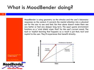 What is MoodBender doing? http:// cvcny .org/index. php ?s=2&b=11&p=17   http:// learntrends . ning .com/profiles/blogs/leveraging-the-full-learning MoodBender is using geometry as the stimulus and the user's ideomotor responses as the context. It converts the mental attention into a physical act for the user to see and feel. But that alone doesn't make them see any better or feel any deeper long term. The app’s game environment functions as a 'wind shield wiper fluid' for the user's current mood. The tacit or implicit learning that happens as a result is just that;  tacit  and  implicit  to the user. They'll experience that benefit directly.  12 