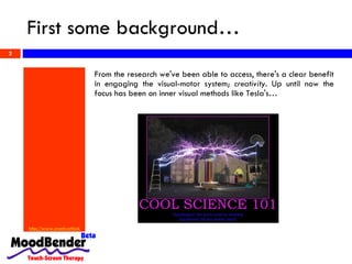First some background…  http://www.creativethinkingwith.com/Nikola-Tesla-Creative-Thinking-Secrets.html From the research we've been able to access, there's a clear benefit in engaging the visual-motor system;  creativity . Up until now the focus has been on inner visual methods like Tesla's… 