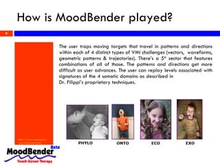 How is MoodBender played? http://www. somaspace .org/ slistprimer . htm The user traps moving targets that travel in patterns and directions within each of 4 distinct types of VMI challenges (vectors,  waveforms, geometric patterns & trajectories). There’s a 5 th  sector that features combinations of all of those. The patterns and directions get more difficult as user advances. The user can replay levels associated with signatures of the 4 somatic domains as described in  Dr. Filippi’s proprietary techniques.  