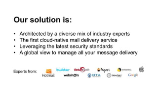 Our solution is:
• Architected by a diverse mix of industry experts
• The first cloud-native mail delivery service
• Leveraging the latest security standards
• A global view to manage all your message delivery
Experts from:
 