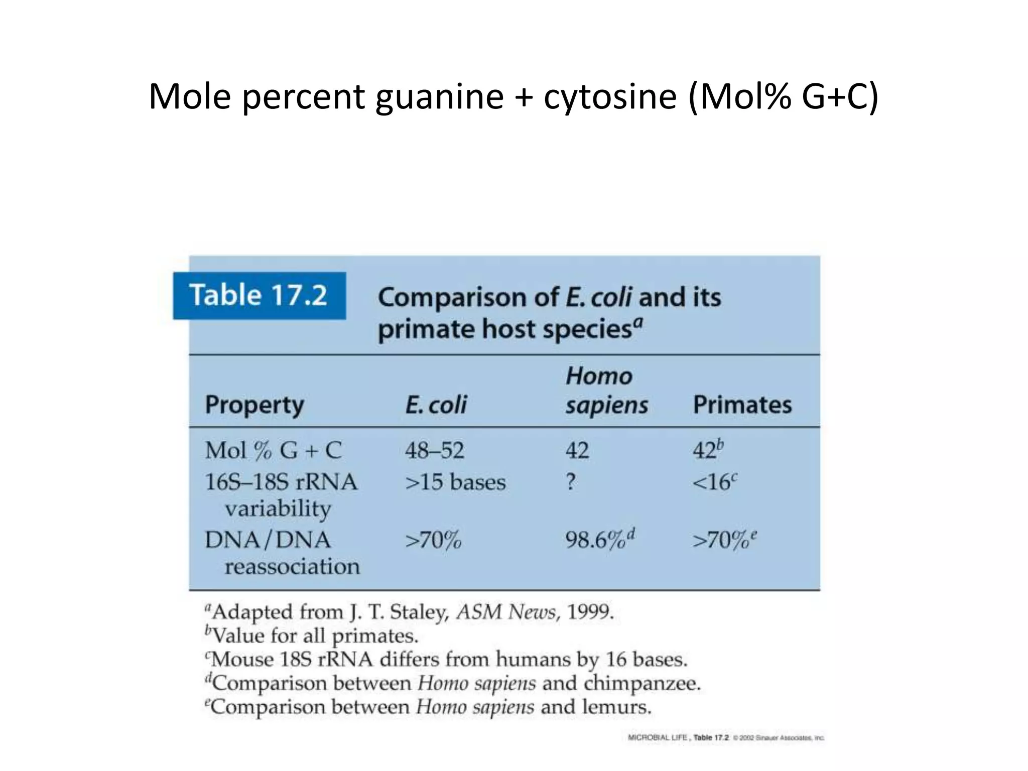 Mole percent guanine + cytosine (Mol% G+C)
 