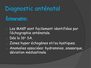 Diagnostic anténatal
Échographie:
o Les MAKP sont facilement identifiées par
l’échographie anténatale.
o Dés la 16e SA.
o Zones hyper échogènes et/ou kystiques.
o Anomalies associées: hydramnios, anasarque,
déviation médiastinale
 