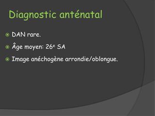 Diagnostic anténatal
 DAN rare.
 Âge moyen: 26e SA
 Image anéchogène arrondie/oblongue.
 