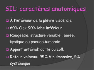 SIL: caractères anatomiques
 À l’intérieur de la plèvre viscérale
 60% G ; > 90% lobe inférieur
 Rougeâtre, structure variable : aérée,
kystique ou pseudo-tumorale
 Apport artériel: aorte ou coll.
 Retour veineux: 95% V pulmonaire, 5%
systémique
 
