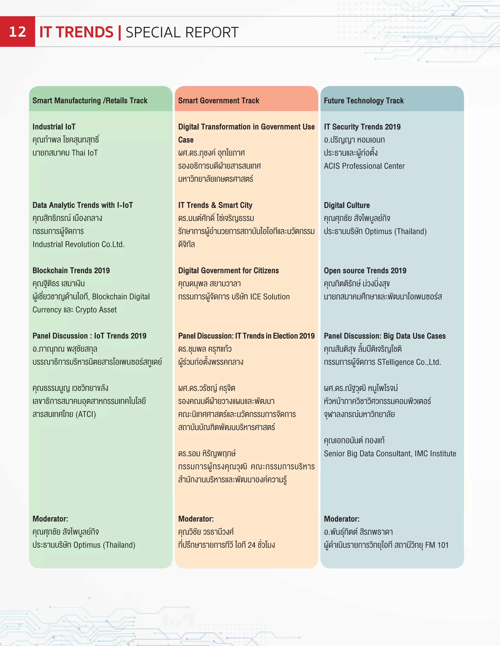 Smart Manufacturing /Retails Track
Industrial IoT
คุณก�าพล โชคสุนทสุทธิ์
นายกสมาคม Thai IoT
Data Analytic Trends with I-IoT
คุณสิทธิภรณ์ เมองกลาง
กรรมการผู้จัดการ
Industrial evolution Co.Ltd.
Blockchain Trends 2019
คุณฐิติธร เสมาเงิน
ผู้เชี่ยวชาญด้านไอที, Blockchain Digital
Currency และ Crypto Asset
Panel Discussion : IoT Trends 2019
อ.ภาณุภณ พสุชัยสกุล
บรรณาธิการบริหารนิตยสารโอเพน อร์สทูเดย์
คุณธรรมนูญ เวชวิทยา ลัง
เล าธิการสมาคมอุตสาหกรรมเทคโนโลยี
สารสนเทศไทย (ATCI)
Moderator:
คุณศุภชัย สัจไพบูลย์กิจ
ประธานบริษัท Optimus (Thailand)
Smart Government Track
Digital Transformation in Government Use
Case
ผศ.ดร.ภุชงค์ อุทโยภาศ
รองอธิการบดี ายสารสนเทศ
มหาวิทยาลัยเกษตรศาสตร์
IT Trends & Smart City
ดร.มนต์ศักดิ์ โ ่เจริญธรรม
รักษาการผู้อ�านวยการสถาบันไอโอทีและนวัตกรรม
ดิจิทัล
Digital Government for Citizens
คุณดนุพล สยามวาลา
กรรมการผู้จัดการ บริษัท ICE Solution
PanelDiscussion:ITTrendsinElection2019
ดร.ชุมพล ครุฑแก้ว
ผู้ร่วมก่อตั้งพรรคกลาง
ผศ.ดร.วรัชญ์ ครุจิต
รองคณบดี ายวางแผนและพัฒนา
คณะนิเทศศาสตร์และนวัตกรรมการจัดการ
สถาบันบัณฑิตพัฒนบริหารศาสตร์
ดร.รอม หิรัญพฤกษ์
กรรมการผู้ทรงคุณวุฒิ คณะกรรมการบริหาร
ส�านักงานบริหารและพัฒนาองค์ความรู้
Moderator:
คุณวิชัย วรธานีวงศ์
ที่ปรกษารายการทีวี ไอที ชั่วโมง
Future Technology Track
IT Security Trends 2019
อ.ปริญญา หอมเอนก
ประธานและผู้ก่อตั้ง
ACIS Pro essional Center
Digital Culture
คุณศุภชัย สัจไพบูลย์กิจ
ประธานบริษัท Optimus (Thailand)
Open source Trends 2019
คุณกิตติรักษ์ ม่วงมิ่งสุ
นายกสมาคมศกษาและพัฒนาโอเพน อร์ส
Panel Discussion: Big Data Use Cases
คุณสันติสุ ลิ้มปติเจริญโชติ
กรรมการผู้จัดการ STelligence Co.,Ltd.
ผศ.ดร.ณัฐวุฒิ หนูไพโรจน์
หัวหน้าภาควิชาวิศวกรรมคอมพิวเตอร์
จุ าลงกรณ์มหาวิทยาลัย
คุณเอกอนันต์ ทองแท้
Senior Big Data Consultant, IMC Institute
Moderator:
อ.พันธุ์ทิตต์ สิรภพธาดา
ผู้ด�าเนินรายการวิทยุไอที สถานีวิทยุ FM 101
IT TRENDS | SPECIAL REPORT12
 