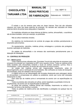 MANUAL DE
  CHOCOLATES                                                                  Cód.: MBPF 10
                                   BOAS PRÁTICAS
TARUAMÃ LTDA                                                           Elaborado em: 15/09/2010
                                   DE FABRICAÇÃO



       É evitado o uso de venenos para ratos em áreas internas. Para isto são utilizadas
ratoeiras com iscas nas áreas externas da produção. Os raticidas são colocados em áreas
externas dentro de portas iscas adequadas e mapeados.

      Os inseticidas utilizados em áreas internas da fábrica, cantina, almoxarifado, e escritórios
são de baixa toxidade, como por exemplo, os piretróides.

       Não se utiliza inseticidas clorados.

       Os relatórios de monitoramento de controle de pragas são emitidos periodicamente e
arquivados pela empresa.

      Os equipamentos, utensílios, matérias primas, embalagens e produtos são protegidos
durante a aplicação de inseticidas.

      Os paletes do almoxarifado e da remessa são examinados periodicamente para a
detecção de infestações.

14 – CONTROLE DE PRODUÇÃO

14.1 – Matéria-prima
       Todas matérias-primas utilizadas pela Chocolates Tarumã são adquiridas de empresas cujos
processos de produção tem implantados as BPF como requisito mínimo. Todas as matérias-primas
serão recebidas pelo almoxarifado mediante o laudo de análises (sensorial, química, física e
microbiológica , quando aplicável). Os laudos são arquivados em arquivo próprio.
       As cargas das matérias primas são inspecionadas visualmente, antes do
descarregamento, para a verificação de anormalidades. São verificados os modos de transporte,
documentação, prazo de validade e lote do produto.
       A matéria prima ao ser descarregada são enviadas diretamente para estocagem dentro
do almoxarifado e armazenadas em paletes ou prateleiras, sendo que nunca são colocadas
diretamente no chão;
       Para cada tipo de matéria prima é armazenada de acordo com as especificações do
fabricante.
       Todos os produtos são colocados em pilhas, sendo respeitada a quantidade mínima de
empilhamento, de acordo com as especificações do fabricante.
       As pilhas dos produtos, matérias primas são mantidas, linearmente na vertical e na
horizontal, de forma a não danificar o produto.
       Todos os paletes de matéria prima são identificados e protegidos de qualquer tipo de
contaminação.


      ELABORADO POR:        REVISADO / APROVADO POR:     APROVADO POR:          EDIÇÃO:    REVISÃO

                                                                                  01          01
 JOCIMEIRE MARIA DA SILVA   HÉLIO RIBEIRO DE ALMEIDA   Carlos Augusto Braga

                                                                                 MBPF     15/09/2010
 
