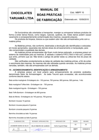 MANUAL DE
  CHOCOLATES                                                                      Cód.: MBPF 10
                                     BOAS PRÁTICAS
TARUAMÃ LTDA                                                               Elaborado em: 15/09/2010
                                    DE FABRICAÇÃO



       Os funcionários são orientados a transportar, manejar ou armazenar todosos produtos de
forma a evitar danos físicos, como rasgos, rupturas, quebras, etc. Estes danos podem causar
vazamento e conseqüentemente contaminação dos mesmos, causando prejuízo.
       Os produtos de limpeza, tóxicos ou que exalem odor não são armazenados junto com a
matéria prima.

       As Matérias primas, não conforme, destinadas a devolução são identificadas e colocadas
em locais apropriados, separadas das demais áreas de armazenamento e manipulação, para
não comprometer a qualidade das demais.
       As matérias primas armazenadas não ficam muito tempo estocado, a empresa possui um
sistema de rotatividade para as mesmas. É adotado o sistema FIFO (“first in first out”): primeiro
que entra, primeiro que sai. Não tendo o perigo de perder estas ou utiliza-las fora do prazo de
validade.
       São verificadas constantemente as datas de validade das matérias primas, a fim de evitar
o vencimento das mesmas. As mesmas não são utilizadas quando vencidas. As matérias primas
vencidas, também, não são armazenadas com as demais.

15 – ACONDICIONAMENTO, IDENTIFICAÇÃO E ARMAZENAMENTO
       A empresa possui um local próprio para armazenamento de produtos acabados,
denominado Setor de Armazenagem. As balas Tarumã após envasadas, são acondicionadas
conforme descrito abaixo:

Bala sortida mastigável- Embalagens de - 150 gramas, 700 gramas, 800 gramas, 900 gramas, 1 kilo

Bala mastigável Toffee leite - Embalagem de - 700 gramas

Bala mastigável Iogurte - Embalagem - 700 gramas

Bala Toffe Bombom - Embalagem de 800 gramas

Bala de Menta - Embalagens de 140 gramas, 700 gramas

Bombom mousse 14 gramas

Bombom mousse pequeno 9 gramas

Bombom crocante pequeno 9 gramas

Barrinha chocolate ao leite 14 gramas

Barrinnha chocolate ao leite 6 gramas

      ELABORADO POR:          REVISADO / APROVADO POR:       APROVADO POR:          EDIÇÃO:       REVISÃO

                                                                                      01            01
 JOCIMEIRE MARIA DA SILVA    HÉLIO RIBEIRO DE ALMEIDA      Carlos Augusto Braga

                                                                                     MBPF     15/09/2010
 