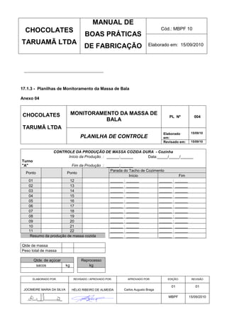 MANUAL DE
  CHOCOLATES                                                                       Cód.: MBPF 10
                                        BOAS PRÁTICAS
TARUAMÃ LTDA                                                                Elaborado em: 15/09/2010
                                        DE FABRICAÇÃO




17.1.3 - Planilhas de Monitoramento da Massa de Bala

Anexo 04



CHOCOLATES                       MONITORAMENTO DA MASSA DE
                                                                                      PL Nº          004
                                           BALA
TARUMÃ LTDA
                                                                                   Elaborado       15/09/10
                                     PLANILHA DE CONTROLE                          em:
                                                                                   Revisado em:    15/09/10


                   CONTROLE DA PRODUÇÃO DE MASSA COZIDA DURA - Cozinha
                         Início da Produção : ______:______ Data:_____/_____/______
Turno
"A"                      Fim da Produção : ______:______
                                             Parada do Tacho de Cozimento
  Ponto                Ponto
                                                       Início                    Fim
   01                   12                   ______ : ______          ______ : ______
   02                   13                   ______ : ______          ______ : ______
   03                   14                   ______ : ______          ______ : ______
   04                   15                   ______ : ______          ______ : ______
   05                   16                   ______ : ______          ______ : ______
   06                   17                   ______ : ______          ______ : ______
   07                   18                   ______ : ______          ______ : ______
   08                   19                   ______ : ______          ______ : ______
   09                   20                   ______ : ______          ______ : ______
   10                   21                   ______ : ______          ______ : ______
   11                   22                   ______ : ______          ______ : ______
    Resumo da produção de massa cozida       ______ : ______          ______ : ______

Qtde de massa
Peso total de massa

        Qtde. de açúcar               Reprocesso
         sacos              kg            kg


      ELABORADO POR:             REVISADO / APROVADO POR:     APROVADO POR:          EDIÇÃO:       REVISÃO

                                                                                       01             01
 JOCIMEIRE MARIA DA SILVA        HÉLIO RIBEIRO DE ALMEIDA   Carlos Augusto Braga

                                                                                      MBPF        15/09/2010
 