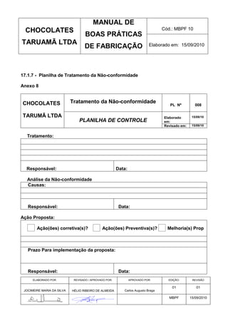 MANUAL DE
  CHOCOLATES                                                                      Cód.: MBPF 10
                                    BOAS PRÁTICAS
TARUAMÃ LTDA                                                               Elaborado em: 15/09/2010
                                   DE FABRICAÇÃO



17.1.7 - Planilha de Tratamento da Não-conformidade

Anexo 8


CHOCOLATES                  Tratamento da Não-conformidade
                                                                                     PL Nº          008

TARUMÃ LTDA                                                                       Elaborado       15/09/10
                                PLANILHA DE CONTROLE                              em:
                                                                                  Revisado em:    15/09/10


  Tratamento:




  Responsável:                                          Data:

  Análise da Não-conformidade
  Causas:



   Responsável:                                          Data:

Ação Proposta:

        Ação(ões) corretiva(s)?               Ação(ões) Preventiva(s)?              Melhoria(s) Prop



   Prazo Para implementação da proposta:



   Responsável:                                          Data:
      ELABORADO POR:         REVISADO / APROVADO POR:           APROVADO POR:       EDIÇÃO:       REVISÃO

                                                                                      01             01
 JOCIMEIRE MARIA DA SILVA   HÉLIO RIBEIRO DE ALMEIDA       Carlos Augusto Braga

                                                                                     MBPF        15/09/2010
 
