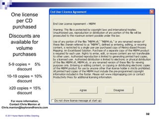 One license
per CD
purchased

Discounts are
available for
volume
purchases
5-9 copies = 5%
discount

10-19 copies = 10%
discount
≥20 copies = 15%
discount
For more information,
Contact Chris Manion at
Chris.manion@taylorandfrancis.com
© 2011 Karen Martin & Mike Osterling

32

 