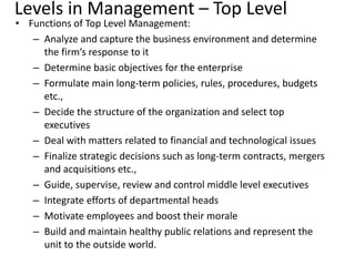 Levels in Management – Top Level
• Functions of Top Level Management:
– Analyze and capture the business environment and determine
the firm’s response to it
– Determine basic objectives for the enterprise
– Formulate main long-term policies, rules, procedures, budgets
etc.,
– Decide the structure of the organization and select top
executives
– Deal with matters related to financial and technological issues
– Finalize strategic decisions such as long-term contracts, mergers
and acquisitions etc.,
– Guide, supervise, review and control middle level executives
– Integrate efforts of departmental heads
– Motivate employees and boost their morale
– Build and maintain healthy public relations and represent the
unit to the outside world.
 