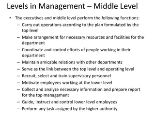 Levels in Management – Middle Level
• The executives and middle level perform the following functions:
– Carry out operations according to the plan formulated by the
top level
– Make arrangement for necessary resources and facilities for the
department
– Coordinate and control efforts of people working in their
department
– Maintain amicable relations with other departments
– Serve as the link between the top level and operating level
– Recruit, select and train supervisory personnel
– Motivate employees working at the lower level
– Collect and analyze necessary information and prepare report
for the top management
– Guide, instruct and control lower level employees
– Perform any task assigned by the higher authority
 
